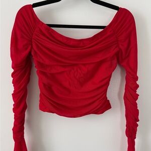Red Ruched Long-Sleeve Crop Top - Women
